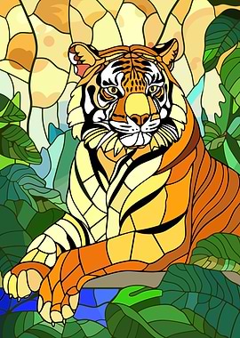 Stained Glass Tiger in Jungle