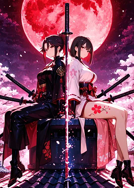Two Samurai Girls Under a Red Moon