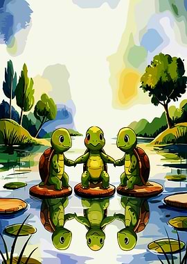 Three cute turtles holding hands