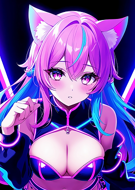 Neon Cat Girl Anime Art Poster