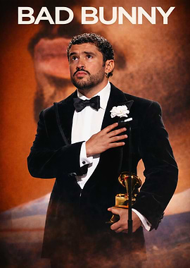 Bad Bunny Holding a Grammy Award