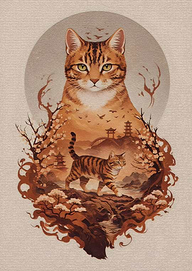Japanese Cat Landscape Painting