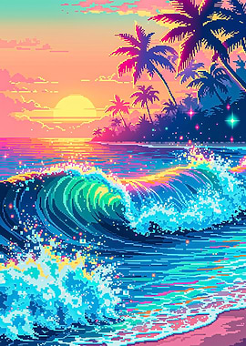 Pixel Art Tropical Sunset Wave
