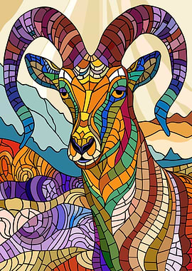 Stained Glass Ram in Mountains