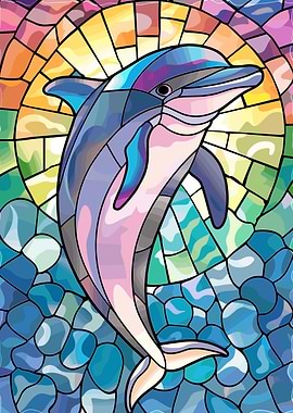Stained Glass Dolphin in Waves
