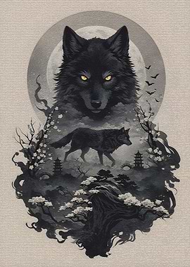 Mystical Wolf and Japanese Landscape