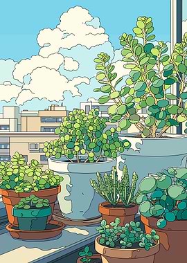 Potted plants on a balcony with city view