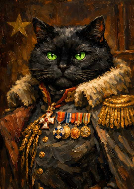 Black Cat Animal Decorated Soldier Oil Painting