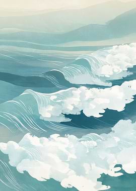 Stylized Ocean Waves and Distant Hills