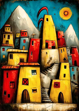 Chromatic Mountain Village in Abstract Form
