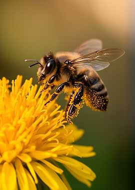 Bee collecting pollen on a dandelion