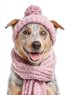 Cozy Australian Cattle Dog Wearing Pink Winter Hat and Scarf
