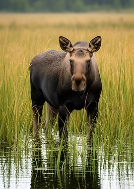 Moose Standing in Tall Grass and Water