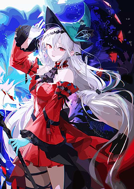 Anime Witch with White Hair and Red Dress