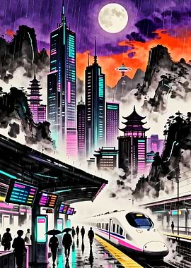 Cyberpunk Train Station at Night