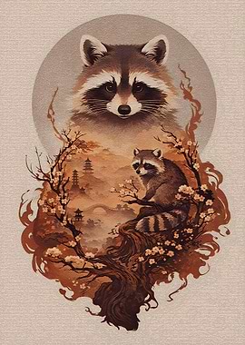 Raccoons in a Japanese Landscape