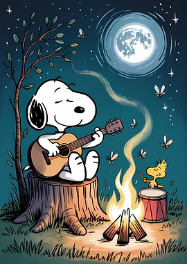 Snoopy and Woodstock camping under the moon