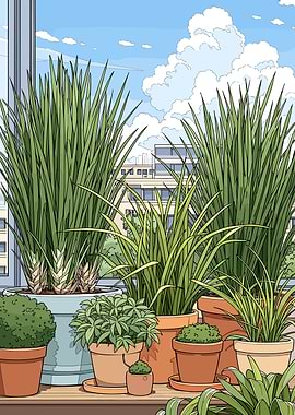 Potted plants on a balcony overlooking city