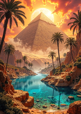 Egyptian Pyramid Oasis at Sunset