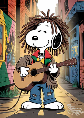 Snoopy with Dreadlocks Playing Guitar