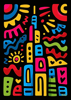 Abstract Cityscape with Sun and Waves