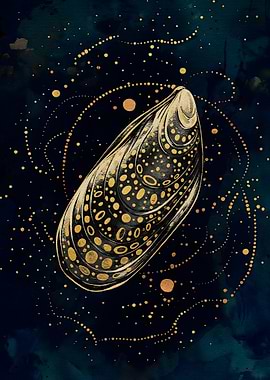 Golden Mussel Shell with Cosmic Dots