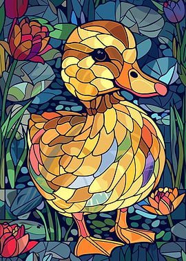 Stained Glass Duckling with Water Lilies