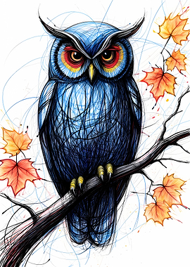 Blue Owl on a Branch with Leaves