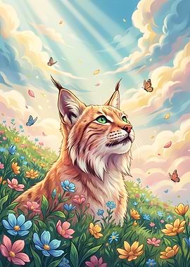 Lynx in a Flower Field