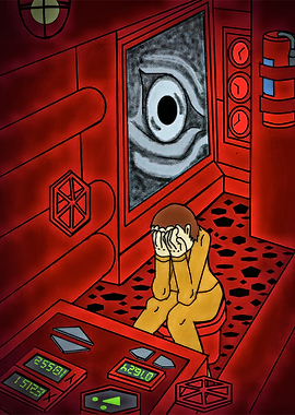 Distressed person in a red room with a giant eye