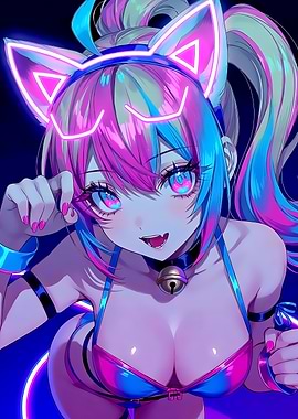 Neon Cat Cute Girl Anime Art