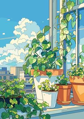 Potted Plants on a Windowsill with City View