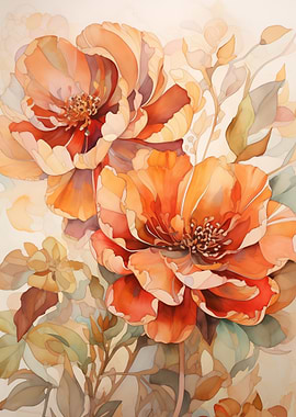 Orange Peony Flowers Art