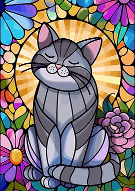 Stained Glass Cat with Flowers