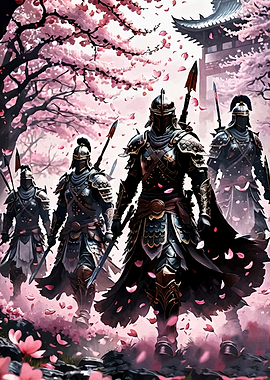 Samurai Warriors in Cherry Blossom Forest