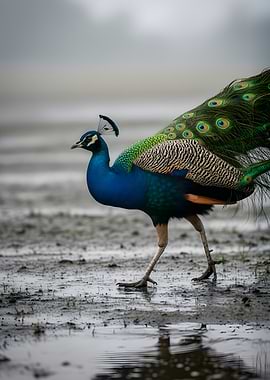 Peacock walking in wet ground