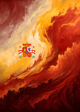 Rising Strength Spanish Flag with Fiery Background