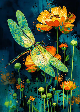 Dragonfly and Flowers Painting