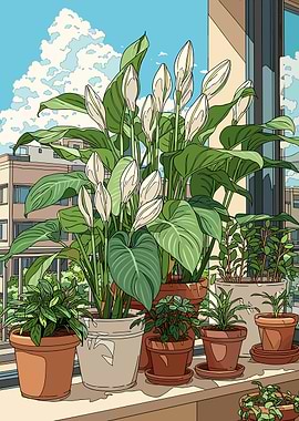 Balcony Garden with Blooming Peace Lilies
