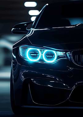 Black car with glowing blue headlights