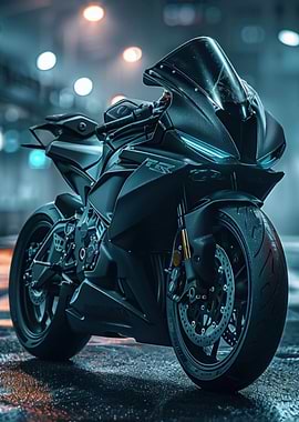 Sleek Black Sportbike on Wet Street