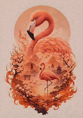 Flamingos and Japanese Scenery