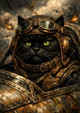 Black Cat Animal Soldier Aviator Oil Painting