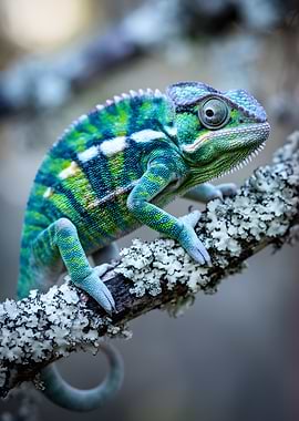Chameleon on a lichen-covered branch