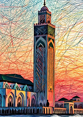 Artistic Minaret and Mosque at Sunset