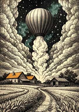 Hot Air Balloon Ascends Over Farm