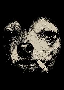 Gritty Dog Poster, Dark Animal Illustration Print, Black and Beige Etched Wall Art