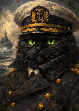 Black Cat Animal Soldier Admiral Oil Painting