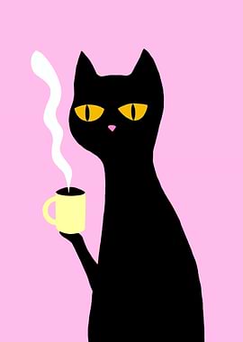 Black Cat with Coffee Mug