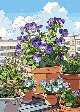 Balcony Garden with Pansies and Cityscape